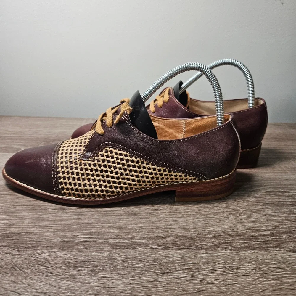 Famolare Mens Woven Leather Mesh Cap Toe Oxford Shoes Burgundy Brown Size 9.5 M